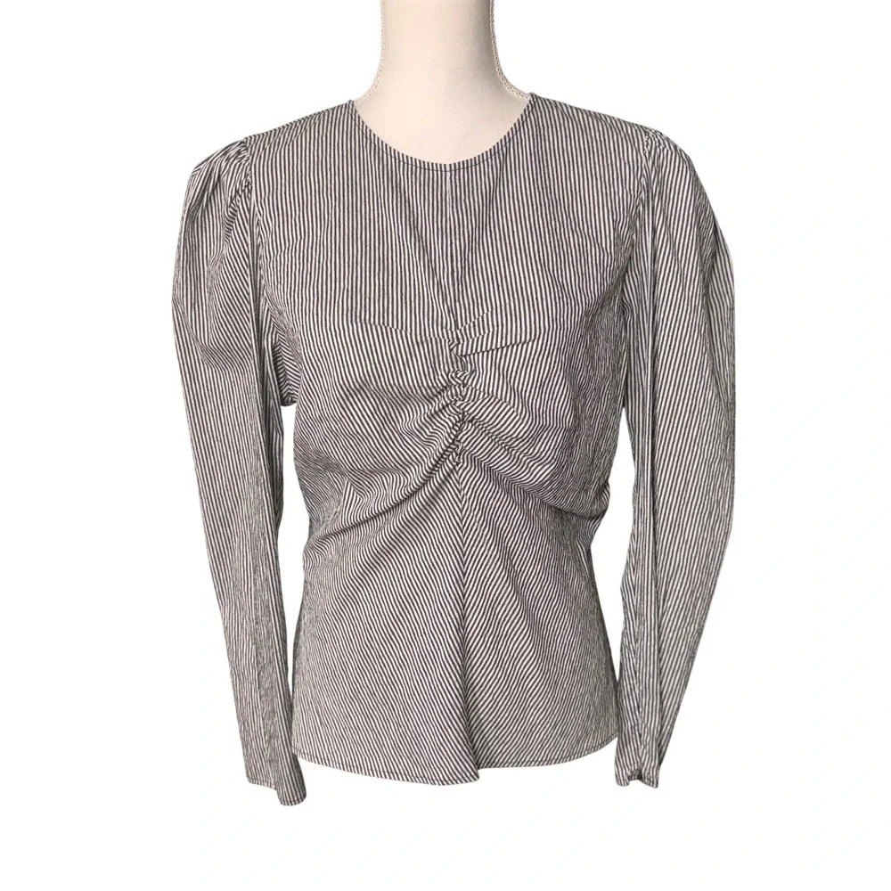Zara Striped Ruched Puff Sleeve Blouse Black White Large Steampunk Victorian NWT